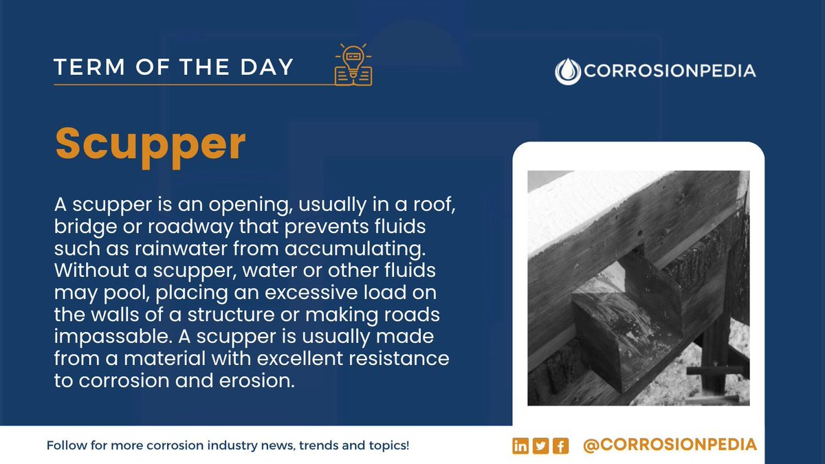 corrosionpedia's tweet image. Scuppers are used for many applications. They are frequently used when constructing roads and curbs. 
Read more: corrosionpedia.com/definition/586… 

#Scupper #DrainageSystems #InfrastructureDesign #CorrosionResistance #CivilEngineering