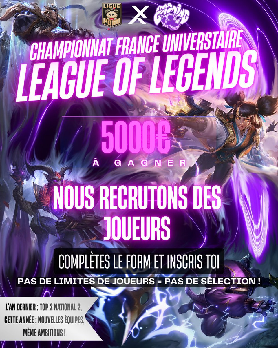 INSAGaming_'s tweet photo. ⚔️Rejoins l'équipe INSA Gaming !

🟪 Un championnat universitaire français de League of Legends est en préparation et vous avez l’occasion de représenter l’INSA 

🟪 Pour participer, complétez le Forms et rejoignez notre Discord - Tous les liens sont en bio sur le Linktree https://t.co/EnKakrvwQc