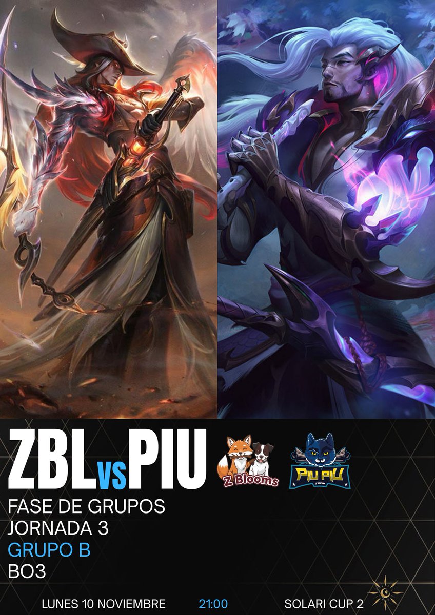 El partido de la semana en la SOLARI CUP 2!!! 💙🧡

Lucha directa por el liderazgo del Grupo B, dos equipos invictos que nos van a dar un gran espectáculo.

⚔️ <a href="/_Zblooms_/">Zblooms</a> 🆚 <a href="/PIUPIUteam/">PIU PIU</a> 
🕒 21:00 / Jornada 3 - Grupo B - Bo3
📺 twitch.tv/solarixcup
🎤 <a href="/KKarkavelot/">Karkavelot K</a>