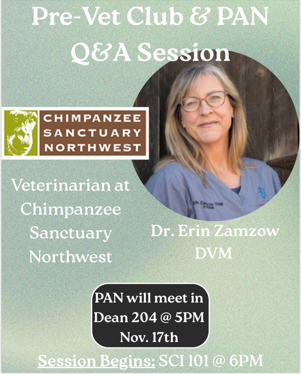 cwu_primate's tweet photo. The Pre-Vet Club has graciously organized an exciting Q&A session with Dr. Erin Zamzow!
When: November 17th at 6:00 PM Where: Science Building, Room 101
@CentralWashU @ChimpSanctuary @CWUHype @cwuSLICE
#PAN #CWU #CentralWashingtonUniversity #ellensburg #primates #vetrinary #csnw https://t.co/FzP6NScHk2