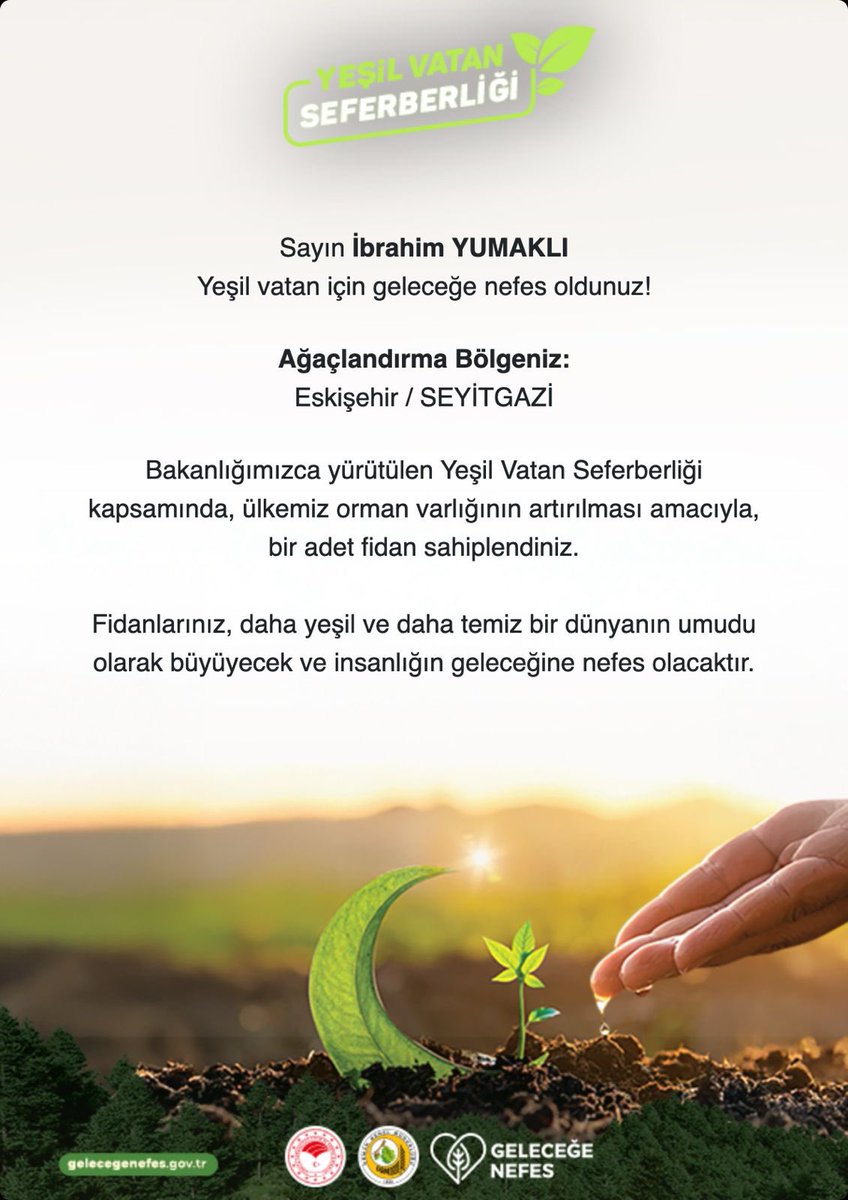 Orman yangınlarına canı pahasına müdahale ederken şehit düşen kahramanlarımızın aziz hatırası, Yeşil Vatan’ımızın her köşesinde yeşermeye devam ediyor.

Bu yıl yangınlarla mücadele ederken şehit olan kahramanlarımızın isimlerini, memleketlerinde kurduğumuz hatıra ormanlarında