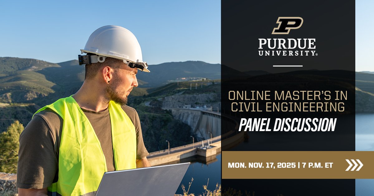 Hear from Purdue’s civil engineering faculty!

Join Dr. Inez Hua &amp; Dr. Rao Govindaraju on Mon., Nov. 17 at 7 p.m. ET for a live panel on how their research, innovation and teaching approaches prepare professionals for leadership in civil engineering.

🔗: purdue.biz/4nNr5Fd