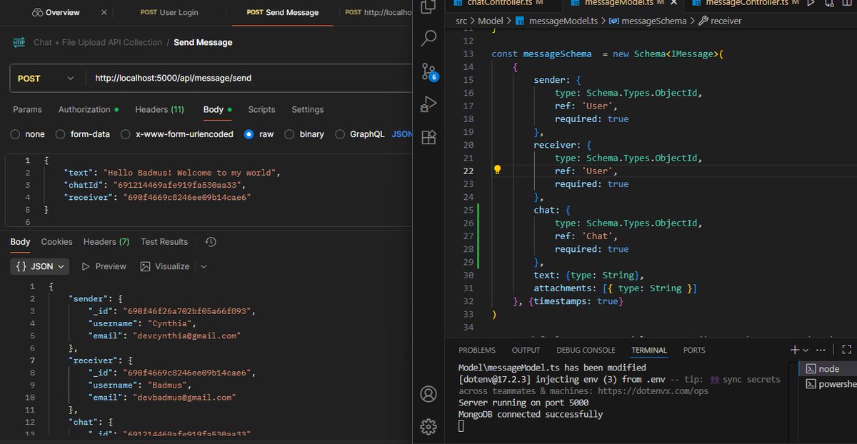 devadedejimike's tweet image. I’ve been working on this Chat API using Express and TypeScript lately 😎
Still a work in progress, but you can already send and receive messages 💬

#Coding #buildinpublic #100daysofcode #TypeScript