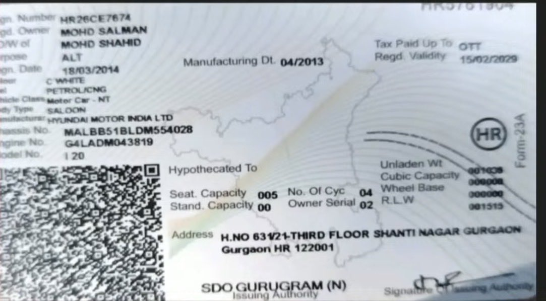 RC of salman’s car (Gurugram) that was involved in today’s Delhi Blast. 
He claimed that he sold it to someone in delhi. 
#Delhi #redfort