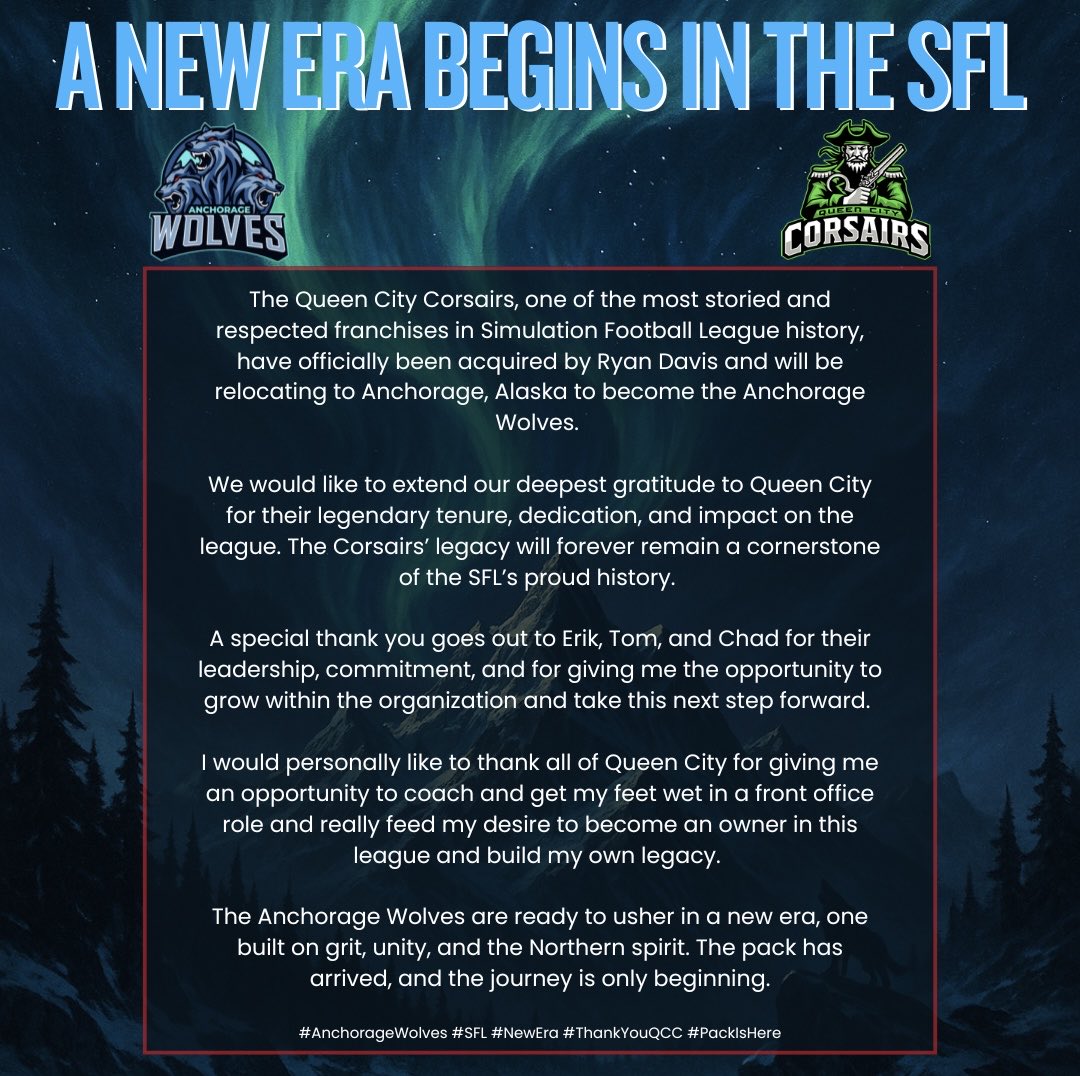 A new Era in SFL has begun for Anchorage! We have officially bought out QCC and are super excited to move up to the pro league next season! #thepack