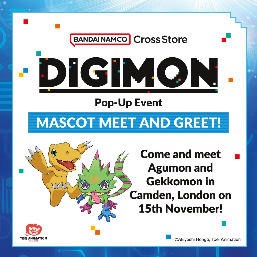 📣 Digimon fans, get ready!

On 15th November, your favourite Digimon, Agumon and Gekkomon, will be making special appearances from 10AM - 6PM at the Digimon Pop-Up at Bandai Namco Cross Store Camden, London! 🐾💥

#Digimon
