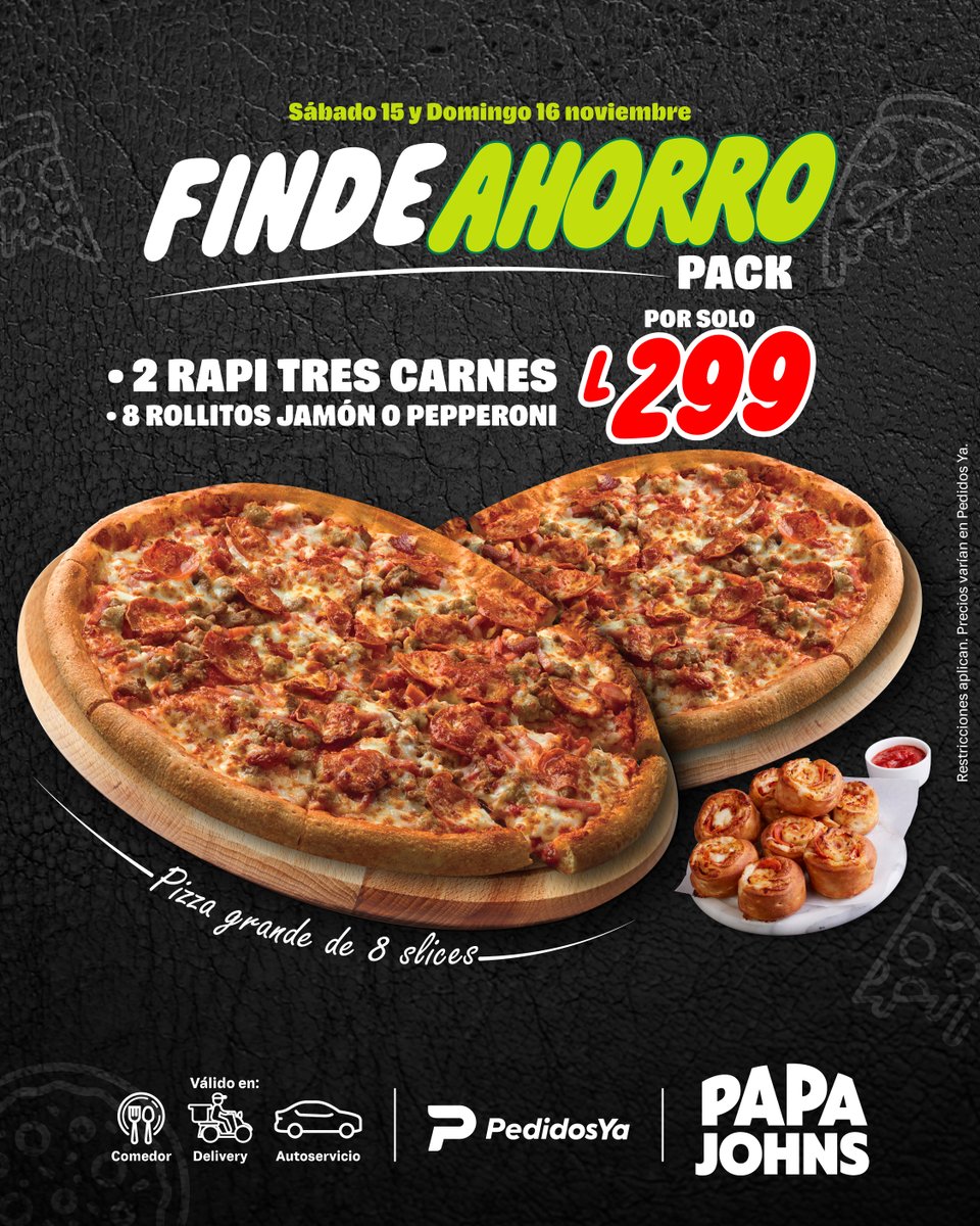 ¡El plan del finde ya está resuelto! 🙌
2 Rapi Tres Carnes + 8 Rollitos por solo L299 😍
📲 WhatsApp | App | Tel | Web
#PapaJohnsHN #PizzaYRollitos #SaborDePapaJohns