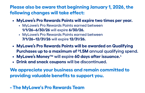 retailbird's tweet photo. just about everything in this @Lowes email screams out two things
1. "Try Home Depot, they can't be much worse"
2. "our loyalty team is being bonused on new criteria in 2026.  Sorry if you feel we just don't care anymore"

e.g. buy $10k on 6/20 and your points expire in 10 days https://t.co/wgHzZlDViV