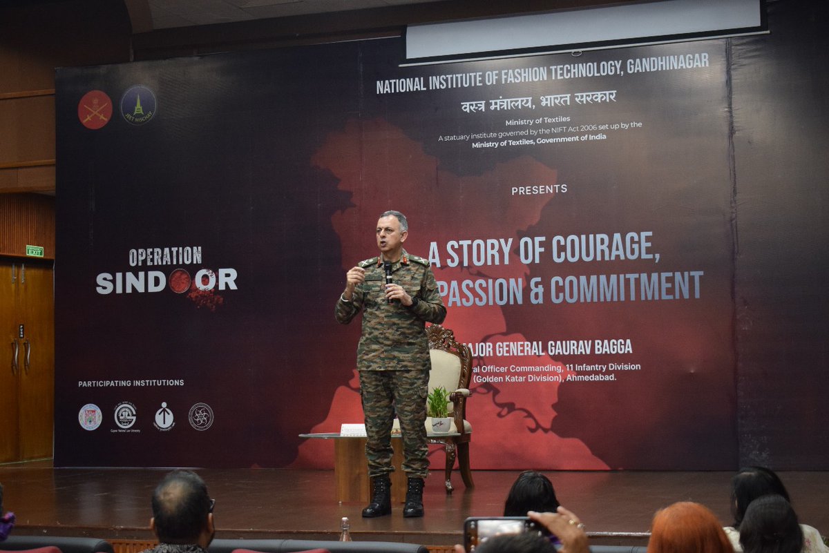 KonarkCorps's tweet image. &quot;Defending the Nation with Decisive Resolve&quot;

Maj Gen Gaurav Bagga , GOC #GoldenKatarDivision, delivered an insightful lecture on #OperationSindoor at National Institute of Fashion Technology, #Gandhinagar; #NIFTGandhinagar. His address highlighted factors like Jointness,…