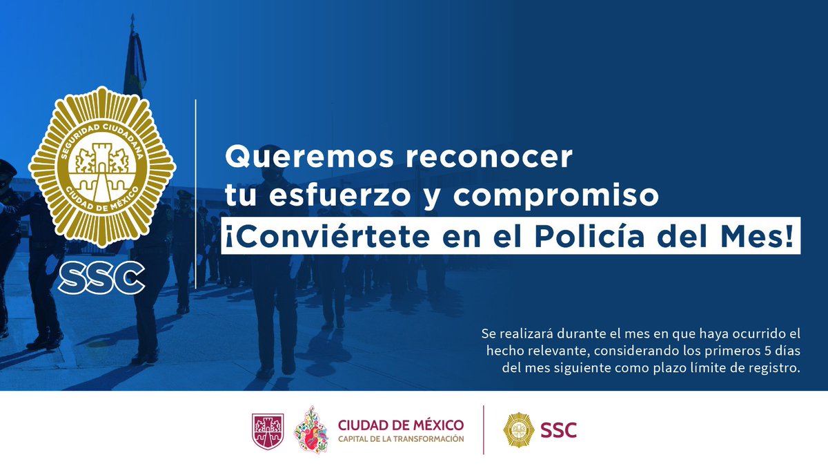 SSC_CDMX's tweet image. #CiudadSegura | En la #SSC reconocemos el esfuerzo y compromiso de nuestros compañeros policías. Sé parte del proceso de selección y conviértete en el #PolicíaDelMes 🏅. Regístrate 👉🏼 bit.ly/3qnNhwT. #SomosSSC 👮🏻👮🏻‍♂️