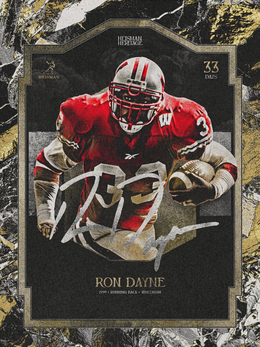 Ron Dayne rushed for over 1,000 yards in each of his four seasons with <a href="/BadgerFootball/">Wisconsin Football</a>, setting the NCAA career rushing record at the time. Known as "The Dayne Train,” he earned Wisconsin’s second Heisman Trophy.

#HeismanHeritage | 33 Days