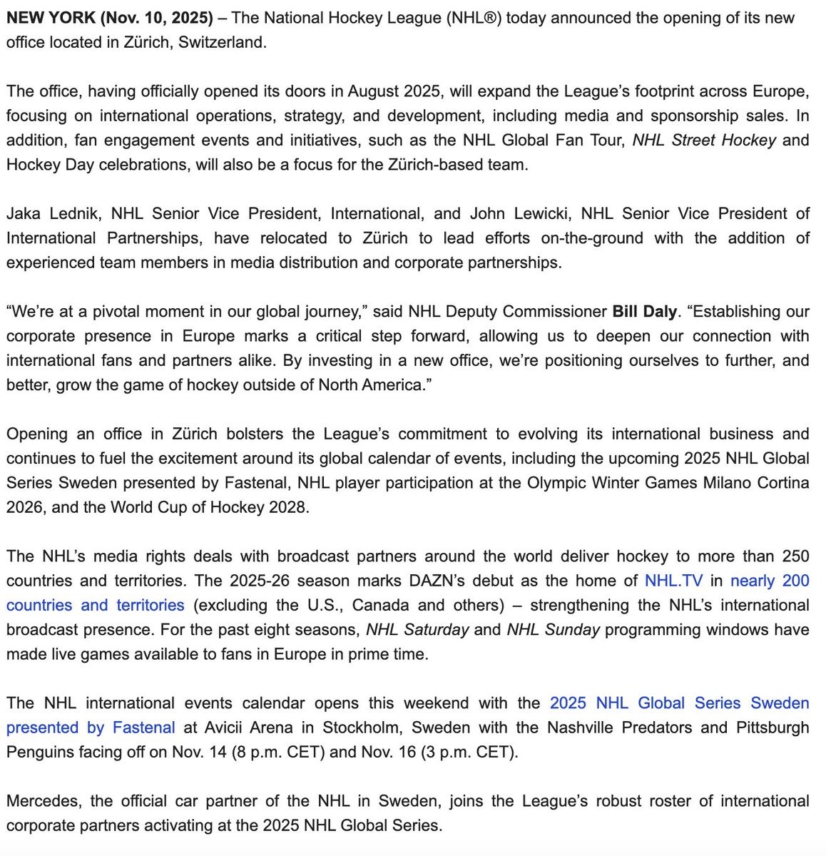 #NHL announces opening of its first European office in Zurich🇨🇭

Deputy commissioner Bill Daly says #NHL is at a "pivotal moment" in its global journey: "By investing in a new office, we’re positioning ourselves to further, and better, grow the game... outside of North America."