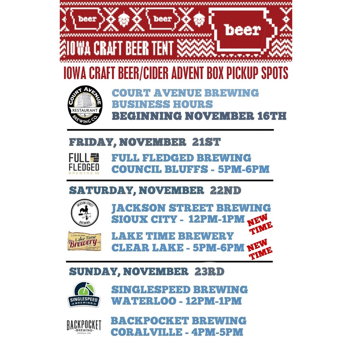 The time is near for pickup dates.  If you are in the DSM area you can begin picking up your boxes at <a href="/CourtAveBrew/">Court Avenue Restaurant & Brewing Company</a> this Sunday.  Other locations around the state are the following weekend.  Still have a few cider &amp; beer boxes left. They make great gifts.
craftbeertent.square.site