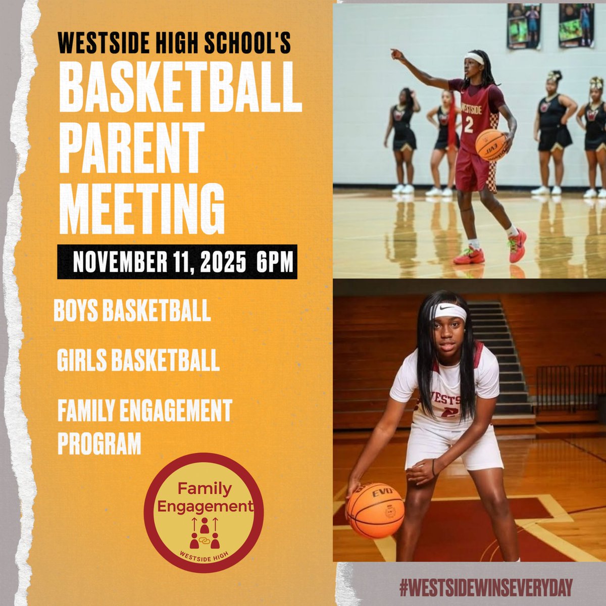 BASKETBALL PARENT MEETING Tuesday November 11that 6PM. Information on Boys and Girls Basketball PLUS special information for the Family Engagement Program!
#Built4Bibb #BibbAthletics #WestsideWinsEveryDay