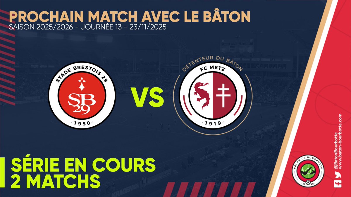 BatonBourbotte's tweet photo. 📢 Rappel 📢

Détenteur du #BatonDeBourbotte depuis 12 jours : @FCMetz (🏆)

Série en cours : 2 matchs
Série record : 9 matchs (1975)

Prochain adversaire : @SB29
#SB29FCM https://t.co/tYKcEFyyyI