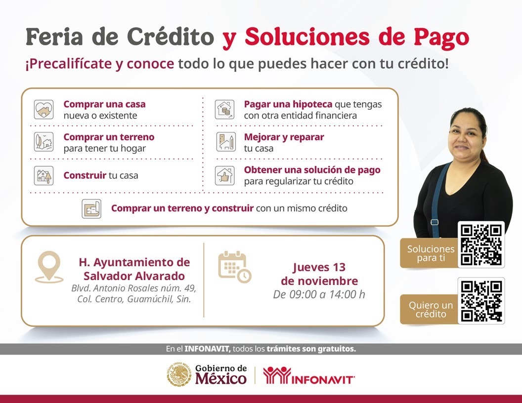 🏡💖 ¡El INFONAVIT llega a Guamúchil para apoyarte! 🙌. La cita es el próximo jueves 13 de noviembre en el  Ayuntamiento de Salvador Alvarado, Guamúchil, Sin.
De 09:00 a 14:00 horas.  ¡Aprovecha esta oportunidad y acércate al INFONAVIT!