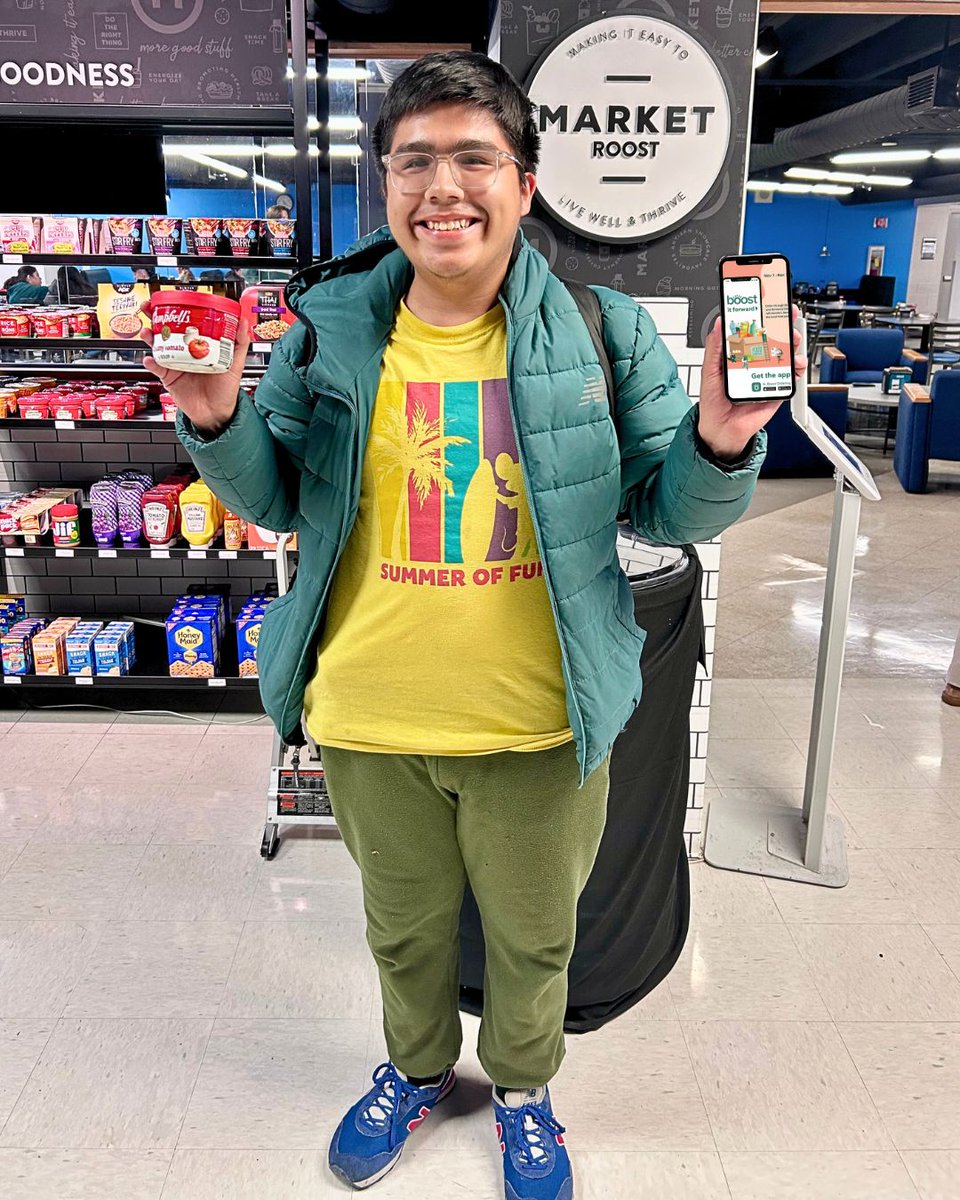 Every Boost counts! 
From Nov 1–30, every order placed through Boost means we’ll donate 1 item from the Roost Market to a local food pantry.

📱 Just like this student pictured here—order your favorite meal, and help our community with every bite!

#Boost #Roost #ElmhurstEats