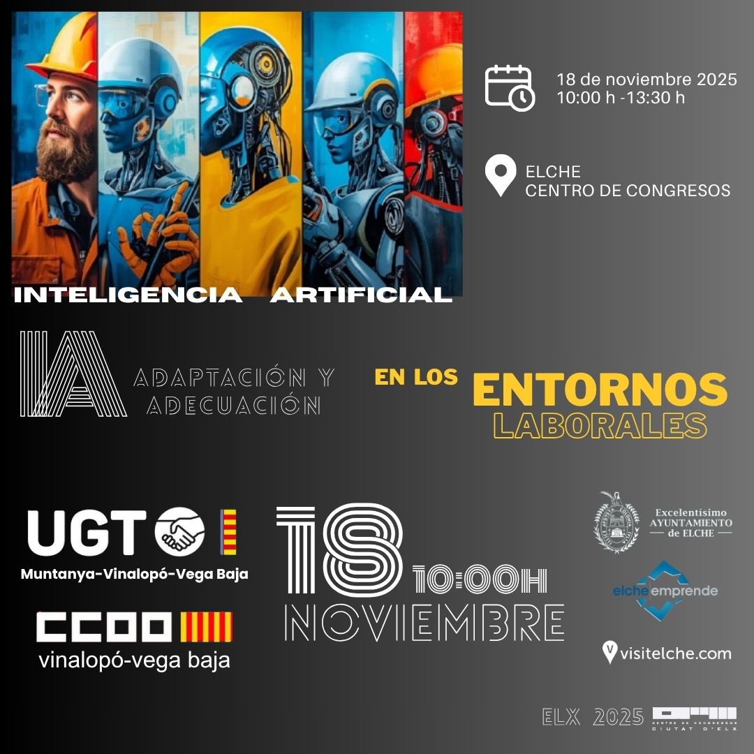 📌18 NOVIEMBRE JORNADA ADECUACIÓN Y ADAPTACIÓN DE LA IA EN LOS ENTORNOS LABORALES - Centro de Congresos de Elche.
                      
➡️DESCARGA EL PROGRAMA 👉 l1nk.dev/zEbP2
➡️INSCRIPCIONES: 👉 forms.gle/SUdvRdyjd7NxKf…