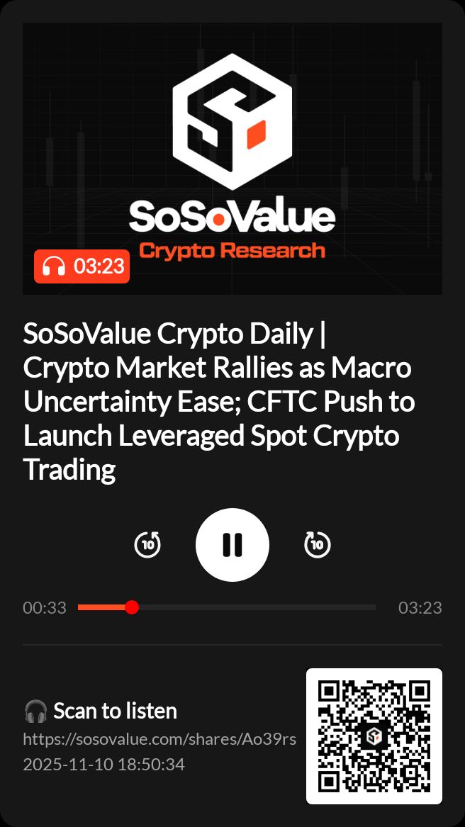 SoSoValue Crypto Daily | Crypto Market Rallies as Macro Uncertainty Ease; CFTC Push to Launch Leveraged Spot Crypto Trading
🎧 Tap to listen｜Catch up on key market shifts and what’s really driving them
sosovalue.com/shares/Ao39rs