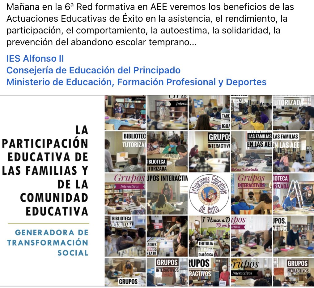 En poco más de un mes más de 20 familias y otras tantas personas de la comunidad colaborando en la participación con más impacto: la participación en los procesos educativos: Grupos Interactivos, Tertulias Dialógicas, Biblioteca Tutorizada.

#iesalfonsoII <a href="/Educastur/">Consejería de Educación</a> <a href="/educaciongob/">Ministerio de Educación, FP y Deportes</a>