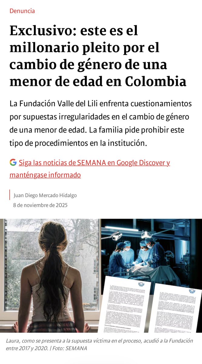 ¿Conocían la historia de Laura?

Una menor que buscó ayuda en la Fundación Valle del Lili y terminó recibiendo tratamientos irreversibles.

La Fundación no solo falló en un diagnóstico, falló en humanidad.

Laura no necesitaba que cambiaran su cuerpo, necesitaba que sanaran su