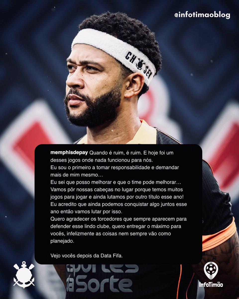 InfoTimaoBlog's tweet image. Memphis admite atuação ruim individual e coletiva e promete reação do Corinthians após a Data Fifa. ⚫️⚪️

#corinthians #vaicorinthians #timão #brasileirão #memphisdepay #sccp #timedopovo #coringão #aquiécorinthians #todopoderosotimão #brasileirão2025