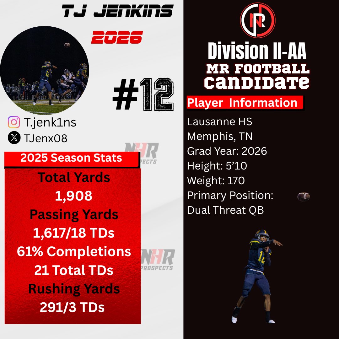 🏆 CONGRATULATIONS TJ JENKINS 

Mr. Football Finalist – Division II-AA

Big time recognition for one of the most dynamic dual-threat quarterbacks in Tennessee!

TJ has proven all season why he’s one of the best in the state leading Lausanne HS with over 1,900 total yards and 21