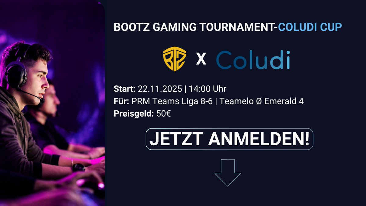 Der COLUDI CUP steht bevor!
powered by <a href="/Coludi_/">Coludi</a> 🤝

Start: 22.11.2025 –  Uhr
Für: Prime League Teams (Liga 8–6) | Teams bis Ø Emerald 4
Preisgeld: 50€
Anmeldung ab sofort möglich:

👉 battlefy.com/bootz-gaming/c…

Gemeinsam mit <a href="/Coludi_/">Coludi</a> fördern wir strukturiertes Lernen &amp; Competition