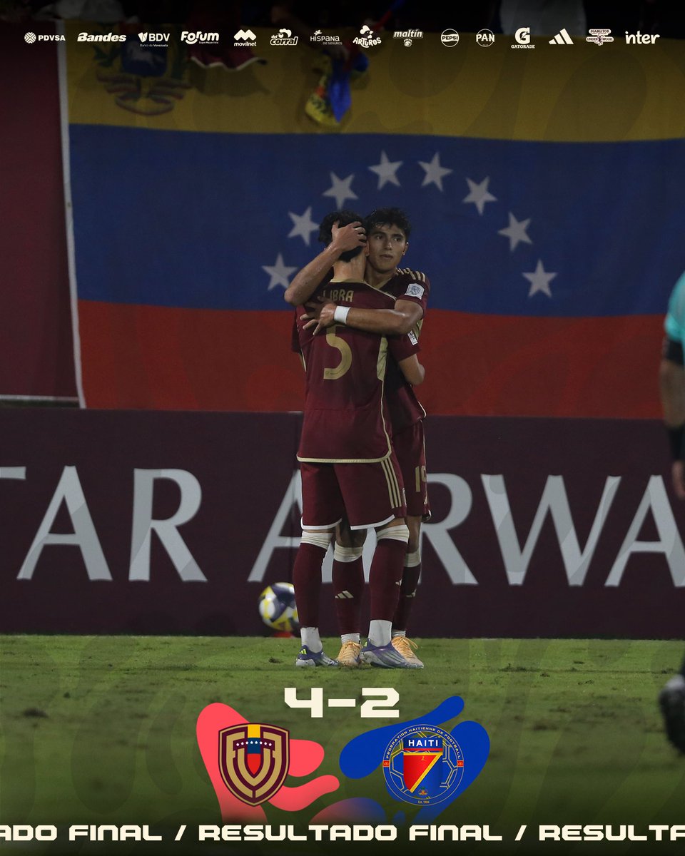 𝐕𝐈𝐂𝐓𝐎𝐑𝐈𝐀 𝐕𝐈𝐍𝐎𝐓𝐈𝐍𝐓𝐎 🇻🇪

𝑽𝒆𝒏𝒆𝒛𝒖𝒆𝒍𝒂 4-2 Haití

⚽️ Diego Claut (5’)
⚽️ John Mancilla (14’)
⚽️⚽️ David García (80’ + 90+3’)

𝑷𝒓𝒊𝒎𝒆𝒓 𝒑𝒂𝒔𝒐 🫂➡️ Clasificados a los 16avos de final del Mundial.

#SiempreVinotinto #U17WC 🇻🇪