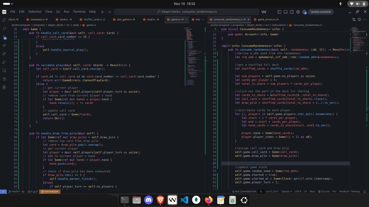 rustoshidev's tweet image. Day 4

Building my @solanaturbine capstone project, Degen Decks, the first @solana powered Multiplayer Whot Game.

&amp;gt; Finished coding out all player moves
&amp;gt; Wrote some tests, need to write more

Next up 

&amp;gt; Start building the client side(fun part begins).