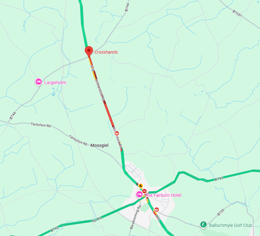 trafficscotland's tweet photo. ❗️UPDATE ⌚️17:56

🗺️#A76 Mauchline
⛔️The #A76 remains ⛔️CLOSED IN BOTH DIRECTIONS⛔️ following a road traffic collision
❗️A second collision means the road is now closed from Mauchline - Crosshands
🚗Road users should use an alternative route and expect delays. https://t.co/WXWQWYnPZL