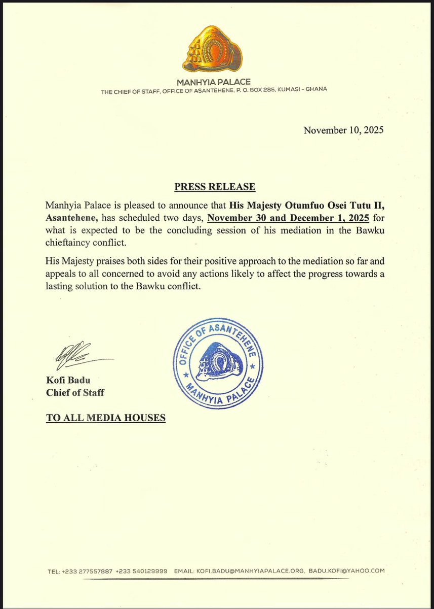 Manhyia Palace announces November 30 and December 1 for expected conclusion of Bawku mediation.

#manhyiapalace