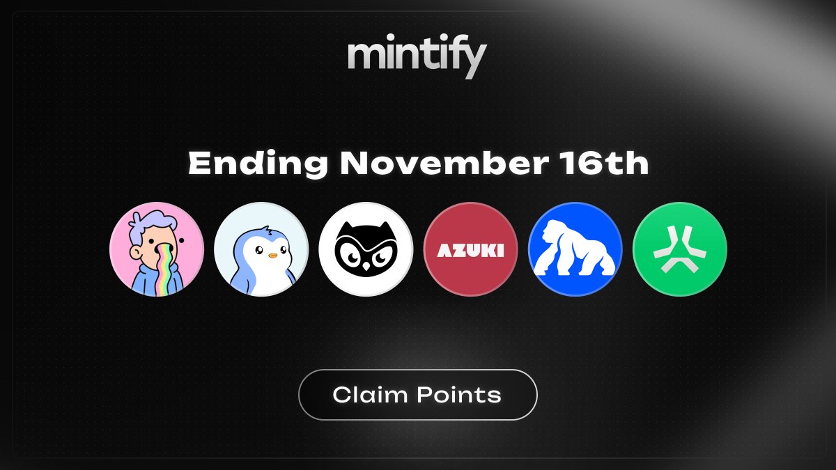Mintify Quests are ending on Nov. 16th — don't forget to claim your Points!

We’ve shared the love with Apes, Doods, Birbs, Pengus, Azuki, World of Tings, NightGlyders, + dozens more communities. The final round of Points go live this week.

...keep an 👁️ out for what comes next