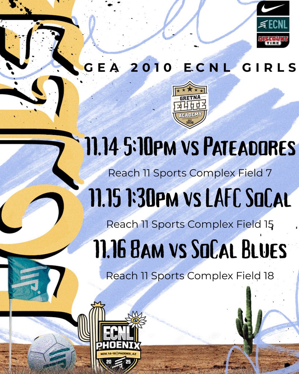 It’s the week of ECNL Phoenix, everyones ready for our first national event of the season! Check out our schedule and hope to see you there!! <a href="/GEA_ECNL/">Gretna Elite Academy ECNL</a> <a href="/GretnaEliteAcad/">Gretna Elite Academy</a> <a href="/ECNLgirls/">ECNL Girls</a> #ECNLPhoenix #BeElite
