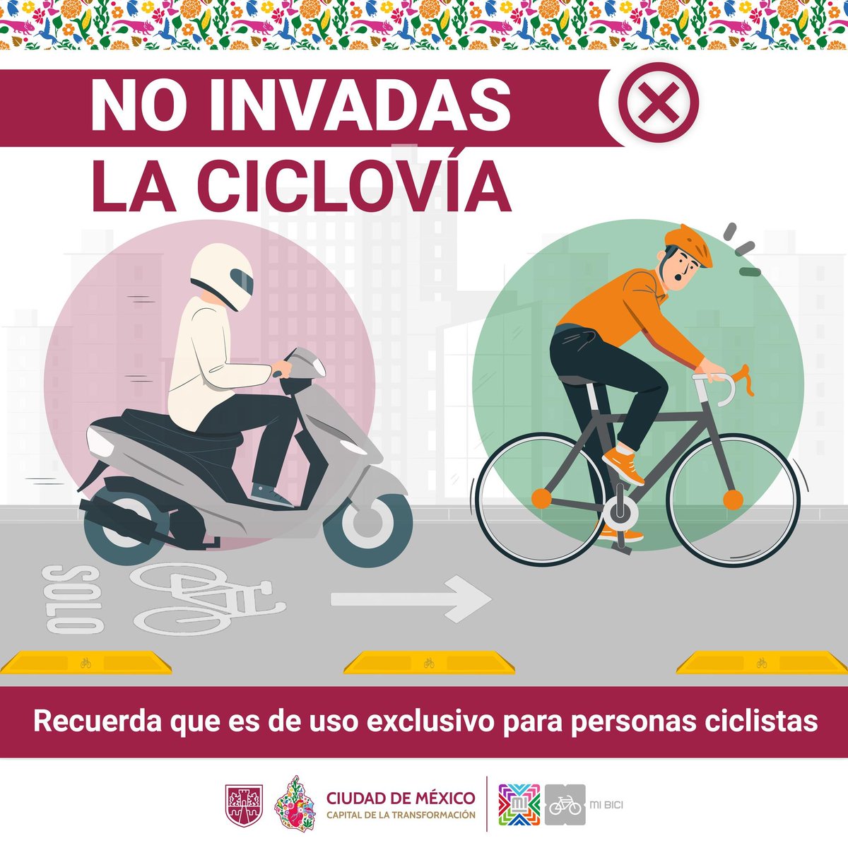 En <a href="/GobCDMX/">Gobierno de la Ciudad de México</a> sacaron esta campaña para que motos no invadan ciclorruta y espacios para uso de la bicicleta. Hay que implementar en <a href="/Bogota/">Alcaldía de Bogotá</a> <a href="/SectorMovilidad/">Movilidad Bogotá</a>, y en general en todos los pueblos y vías de Colombia donde hay ciclorrutas <a href="/ansvcol/">Agencia Nacional de Seguridad Vial</a>