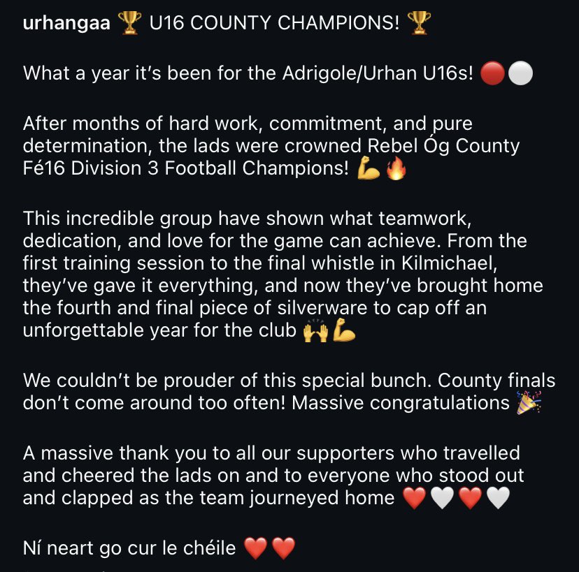 🏆 U16 COUNTY CHAMPIONS! 🏆

What a year it’s been for the Adrigole/Urhan U16s! 🔴⚪

After months of hard work, commitment, and pure determination, the lads were crowned Rebel Óg County Fé16 Division 3 Football Champions! 💪🔥 <a href="/AdrigoleGAA/">Adrigole GAA</a>