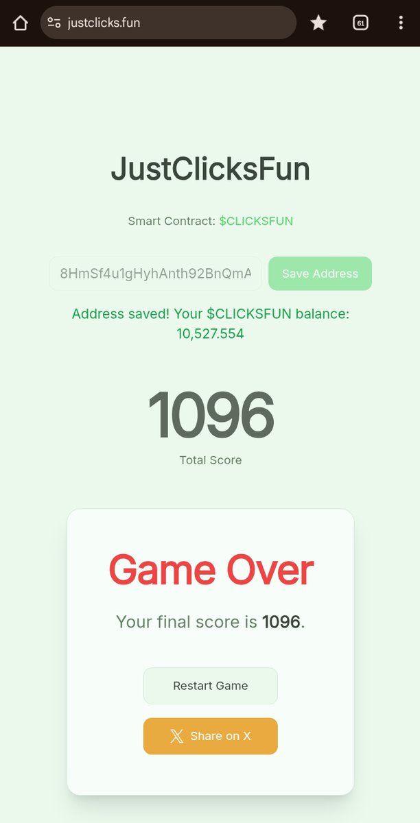 AlienSoull's tweet image. I saw this fum game and My fingers got tired lol. I scored 1096 points in justclicks.fun! 🟢
Can you beat me? 😎 

#JustProjectsFun #JustFun #JustClicksFun #ClicksFun #Memecoin #Crypto #PumpFun #Solana #REWARDS10112025 #HOLDERSCLICKSFUN justclicks.fun/?score=1096&amp;amp;ad…