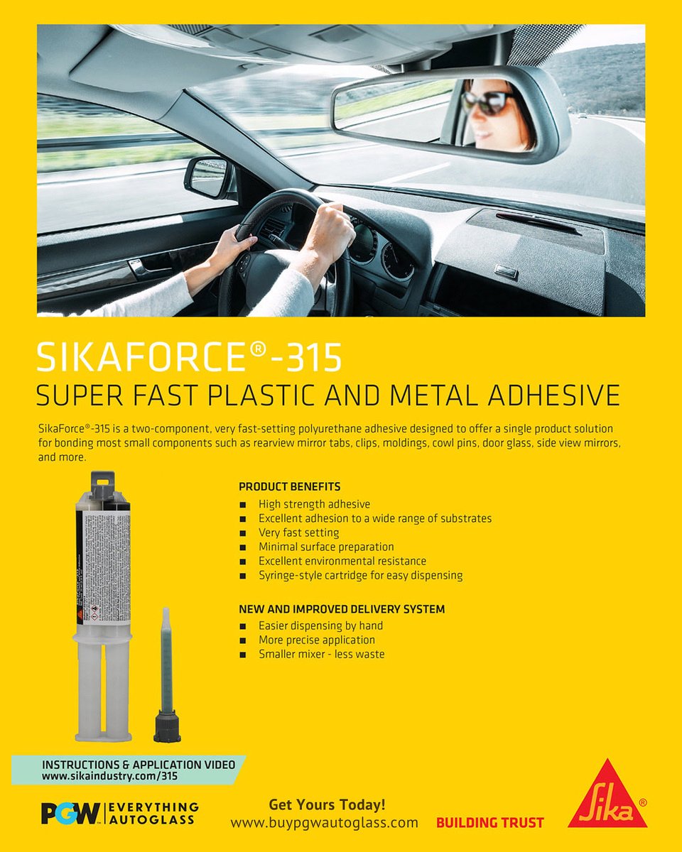 pgw_autoglass's tweet image. Need to bond to plastic, metal, and glass quickly? 🤔

Sikaforce 315 has you covered with their small component adhesive. Perfect for rearview mirror tabs, clips, moldings, and more! 🚗🎉

Get Yours Today At:
buypgwautoglass.com

 #Sikaforce315 #AdhesiveSolutions
