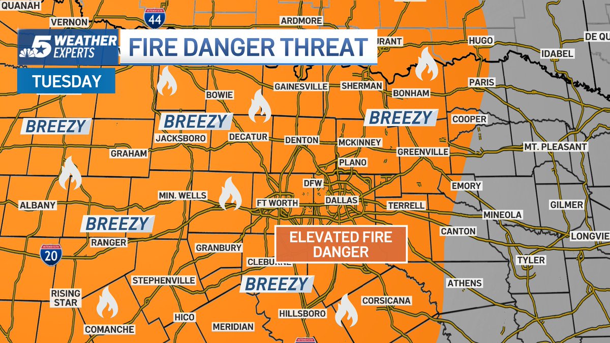 12:00 p.m. Monday: Expect a sunny afternoon with highs only climbing into the mid-50s. Warmer and windy for Tuesday with a fire danger threat! @nbcdfw <a href="/ksmithnbc5/">Kevan Smith</a> #NBCDFWWeather <a href="/NBCDFW/">NBC DFW</a>Weather