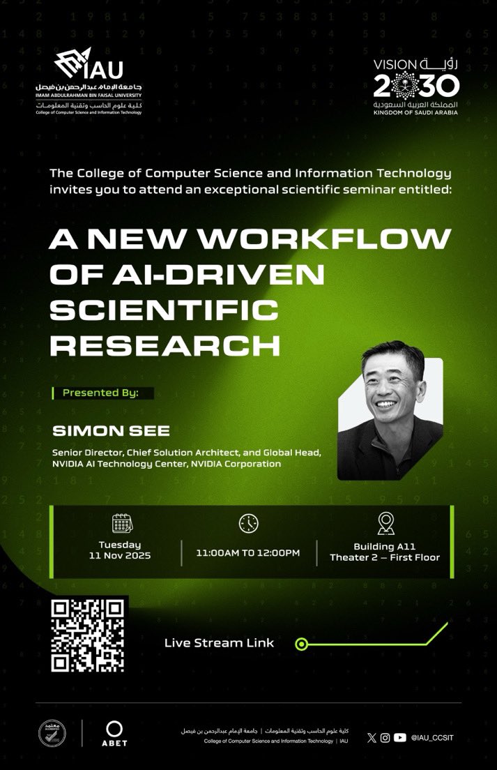 تتشرف كلية علوم الحاسب وتقنية المعلومات بدعوتكم لحضور المحاضرة العلمية المتميزة بعنوان:

«منهجية جديدة للبحث العلمي المدعوم بالذكاء الاصطناعي»

يقدمها سعادة
البروفيسور سايمون سي (Simon See)
المدير الأول والرئيس العالمي لمركز تقنيات الذكاء الاصطناعي بشركة NVIDIA العالمية

🗓 اليوم