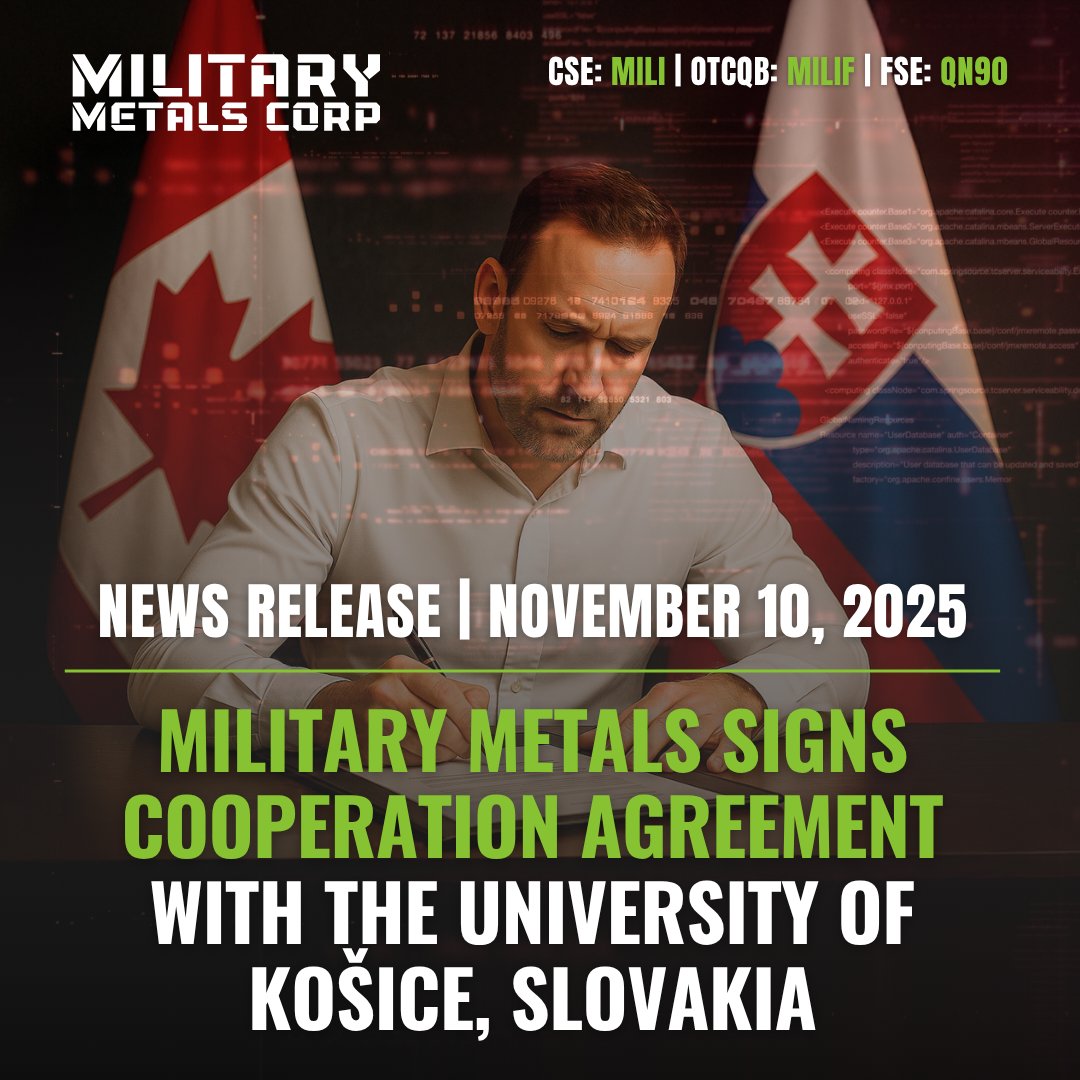 Military Metals Signs Cooperation Agreement with the University of Košice, Slovakia 🇸🇰

🔗 Full News Release: bit.ly/3WJNeZr

(🇨🇦 $MILI.CN | 🇺🇸 $MILIF | 🇩🇪 QN90)