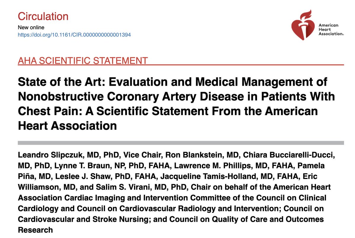 Ed_Alania's tweet image. 🔴State of the Art: Evaluation &amp;amp; Medical Management of Nonobstructive Coronary Artery Disease in Patients With Chest Pain: A Scientific Statement @CircAHA #Cardiology #CardioEd #FOAMed #AHA2025