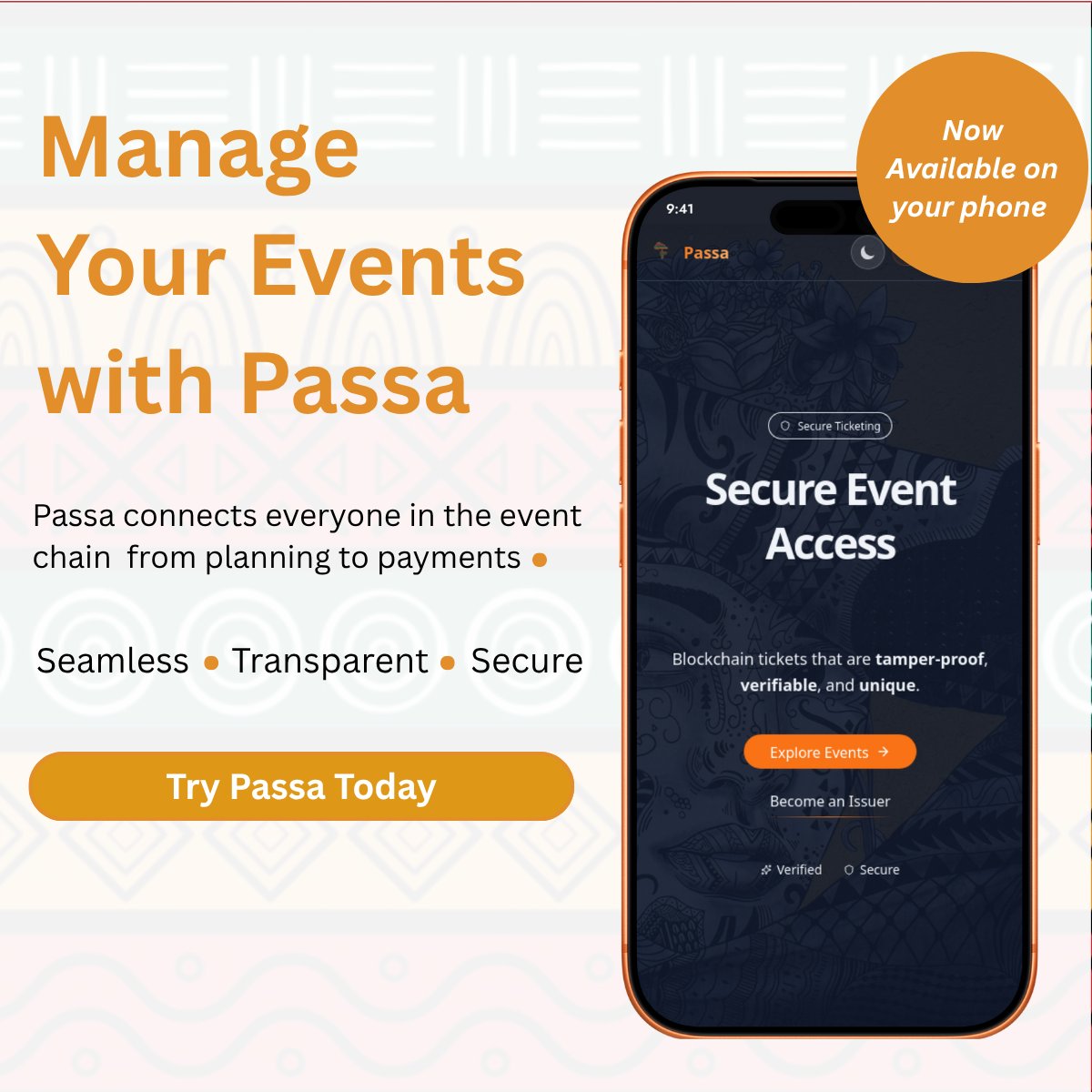 PassaAfrika's tweet photo. Your event just got simpler.
Passa is now accessible on your phone  giving you a smooth, unified way to organize, track, and manage every part of your event.
Try Passa today: https://t.co/GJc2x0sfWq https://t.co/ajqy6QuChl