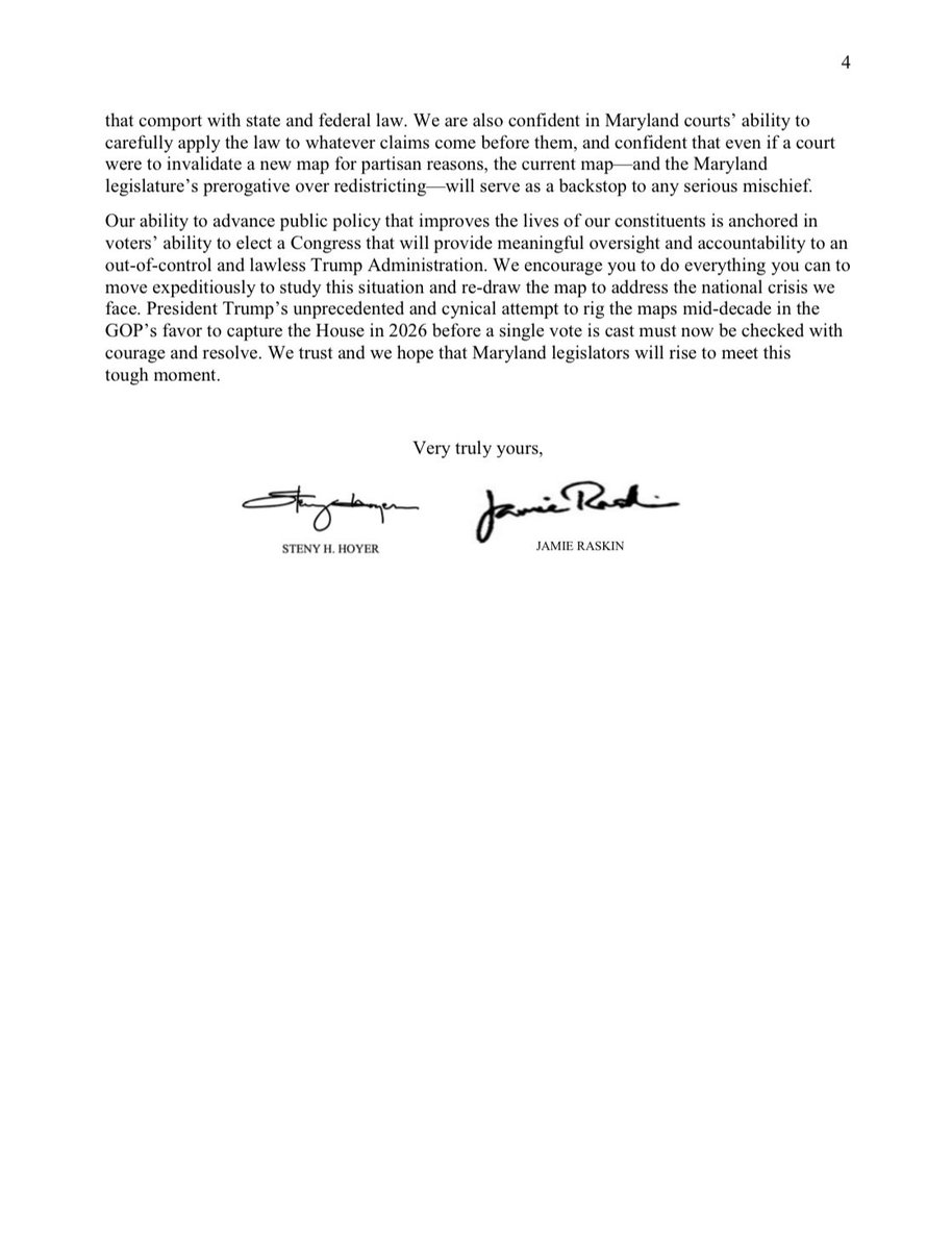 StenyHoyer's tweet image. It is a ethical, moral and political imperative to use every lawful means at our disposal to fight back against the aggressive and extreme gerrymander orchestrated by Donald Trump and the GOP. 

My letter with @jamie_raskin to our colleagues in the Maryland General Assembly.