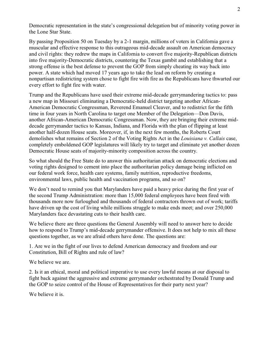 StenyHoyer's tweet image. It is a ethical, moral and political imperative to use every lawful means at our disposal to fight back against the aggressive and extreme gerrymander orchestrated by Donald Trump and the GOP. 

My letter with @jamie_raskin to our colleagues in the Maryland General Assembly.