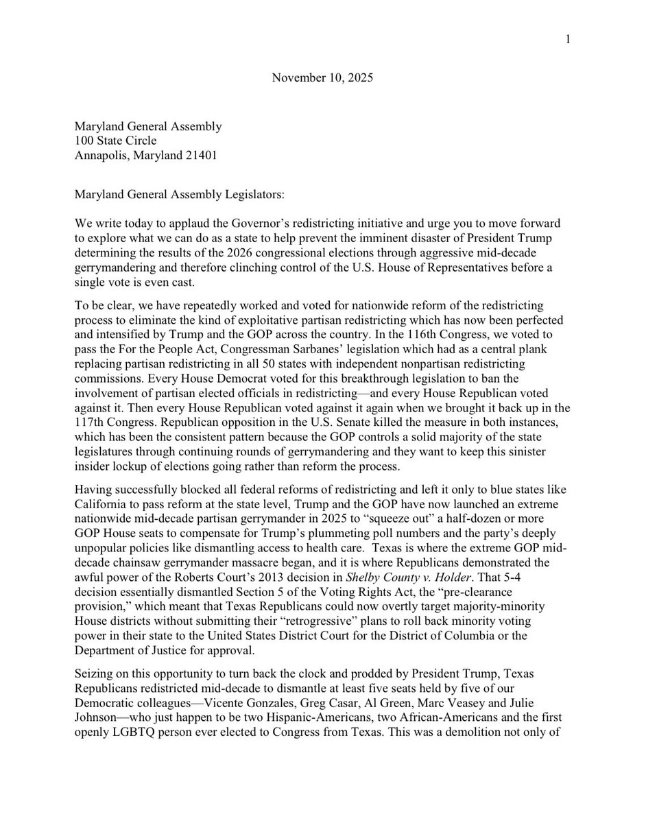 StenyHoyer's tweet image. It is a ethical, moral and political imperative to use every lawful means at our disposal to fight back against the aggressive and extreme gerrymander orchestrated by Donald Trump and the GOP. 

My letter with @jamie_raskin to our colleagues in the Maryland General Assembly.