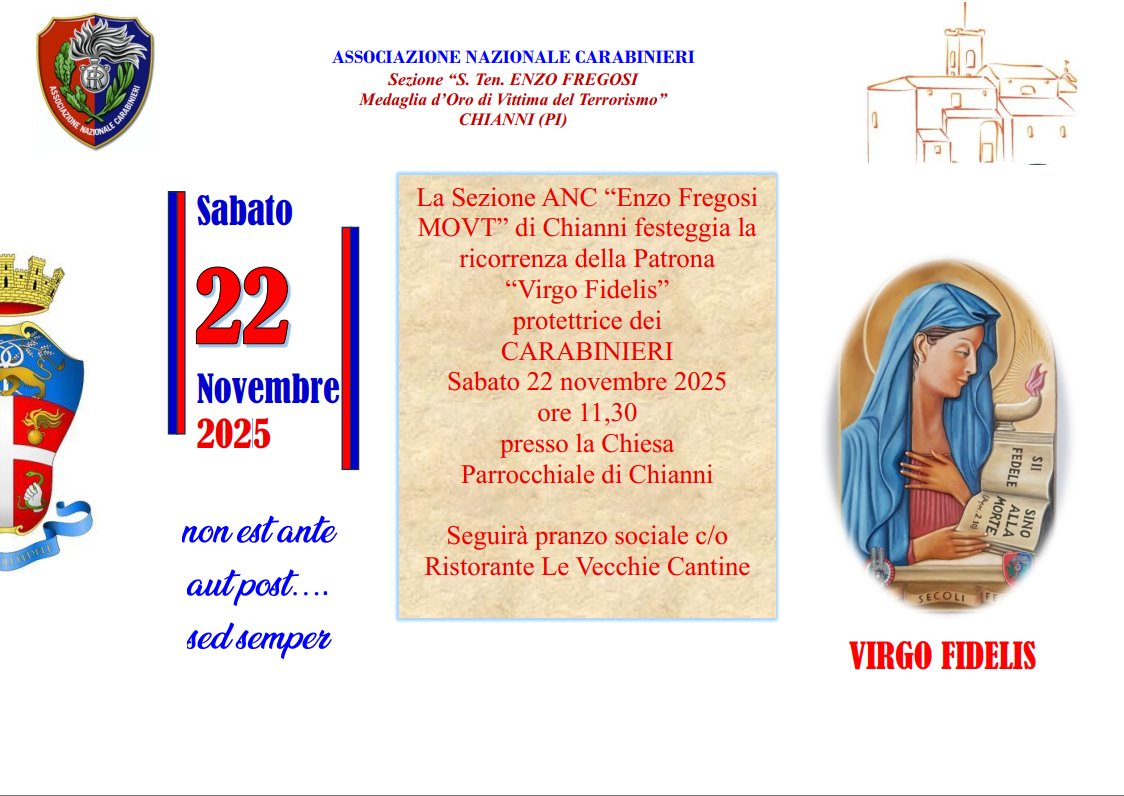 Anc_Chianni's tweet photo. Invitiamo la popolazione alla celebrazione della "Virgo Fidelis", Patrona dell'Arma dei Carabinieri, dell'84° anniversario della Battaglia di Culqualber" e della "Giornata dell'Orfano" dei carabinieri, Sabato 22 Novembre alle ore 11,30 nella Chiesa di San Donato di Chianni (PI). https://t.co/fzNEHgmG7K