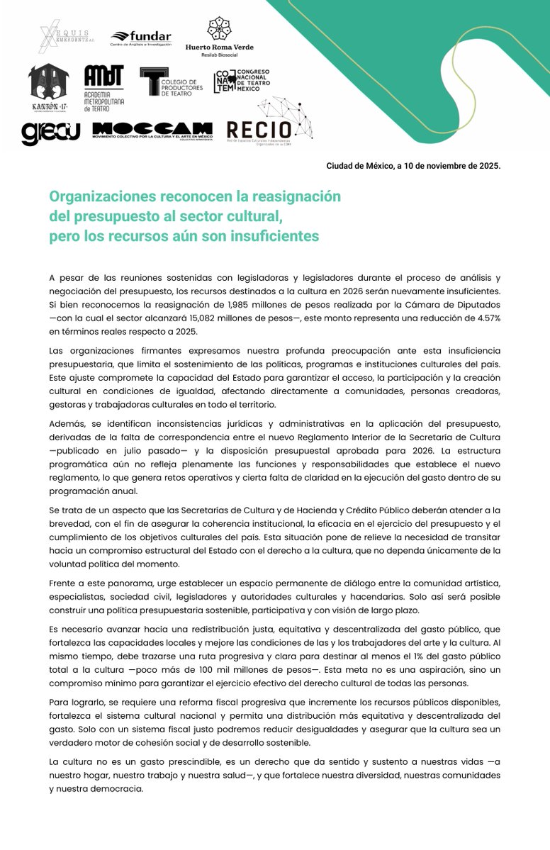 Pese a la reasignación de recursos, el presupuesto cultural 2026 tendrá una reducción real de 4.57%, lo que resulta insuficiente y pone en riesgo el acceso, la participación y la creación cultural en el país.

𝗖𝗼𝗺𝘂𝗻𝗶𝗰𝗮𝗱𝗼: f.mtr.cool/rvajkdyhha