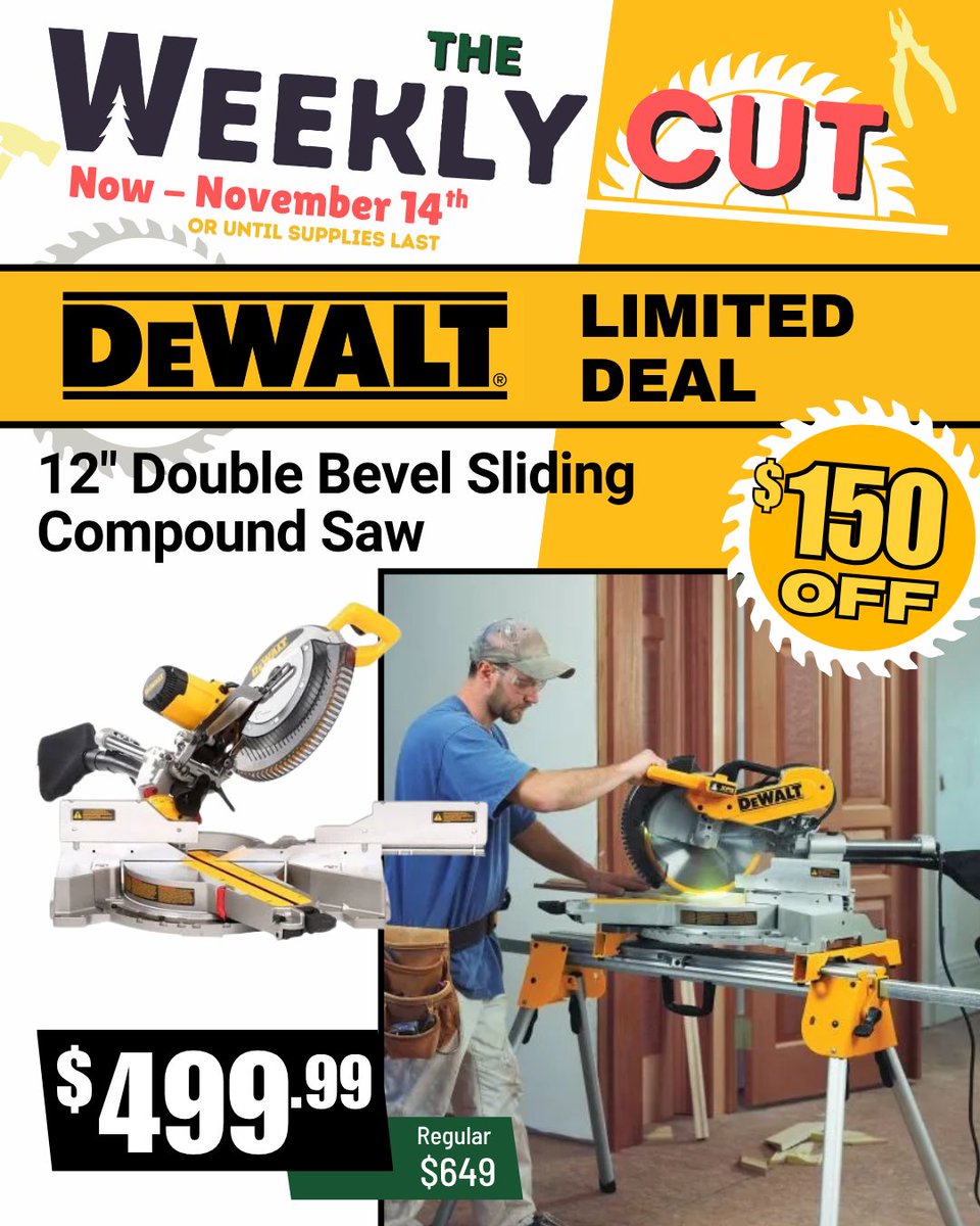 wardlumber's tweet image. 🪚 Don’t Miss Out – Ending Soon! Our Weekly Cut deal on the DeWalt 12&quot; Double Bevel Sliding Compound Saw is only good through November 14th or while supplies last!
✅ Just $499.99 — save $150!

#WardLumberStrong #WorkerOwned #Coop #ShopLocal #ADK #NorthCountry