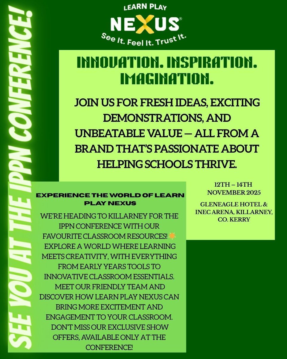 ❗ Visit Learn Play Nexus – STAND 16 at IPPN ❗  We’re bringing innovation, inspiration, and imagination to the IPPN Conference 2025! 🌟
Join Learn Play Nexus in Killarney to explore hands-on classroom resources that spark creativity and engagement in every learner.
Meet our
